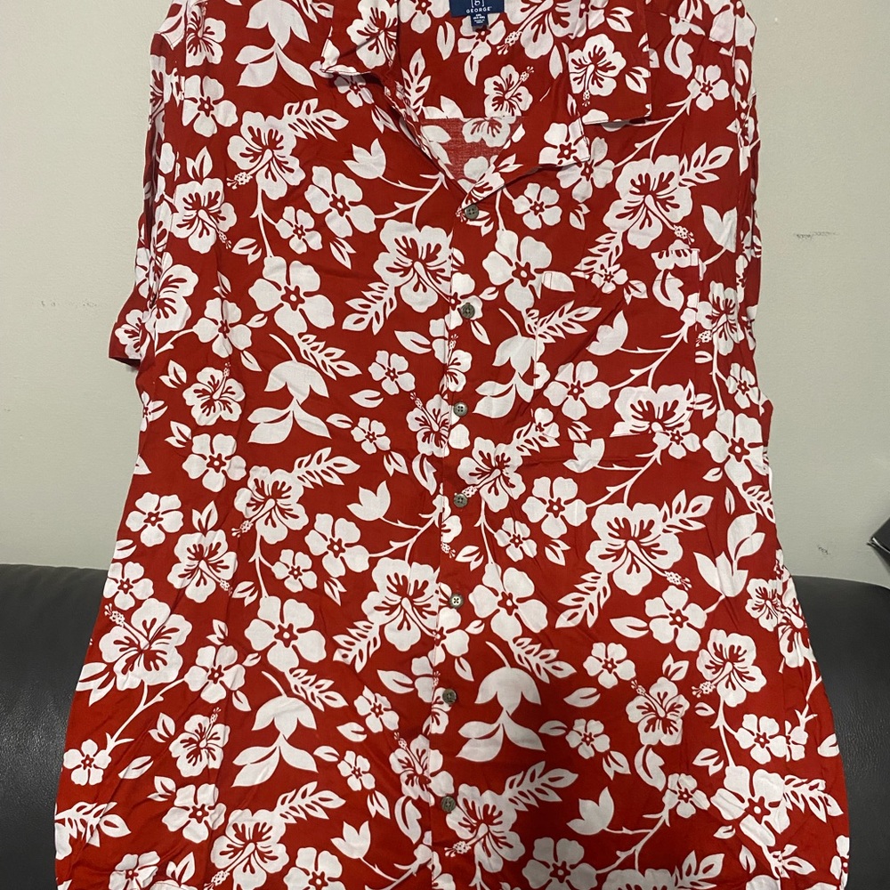 George Red and White Floral Casual Button Down Shirt